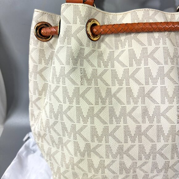 Michael Michael Kors Jet Set Large Logo Leather Gathered Brown Vanilla Tote Bag - Picture 6 of 14